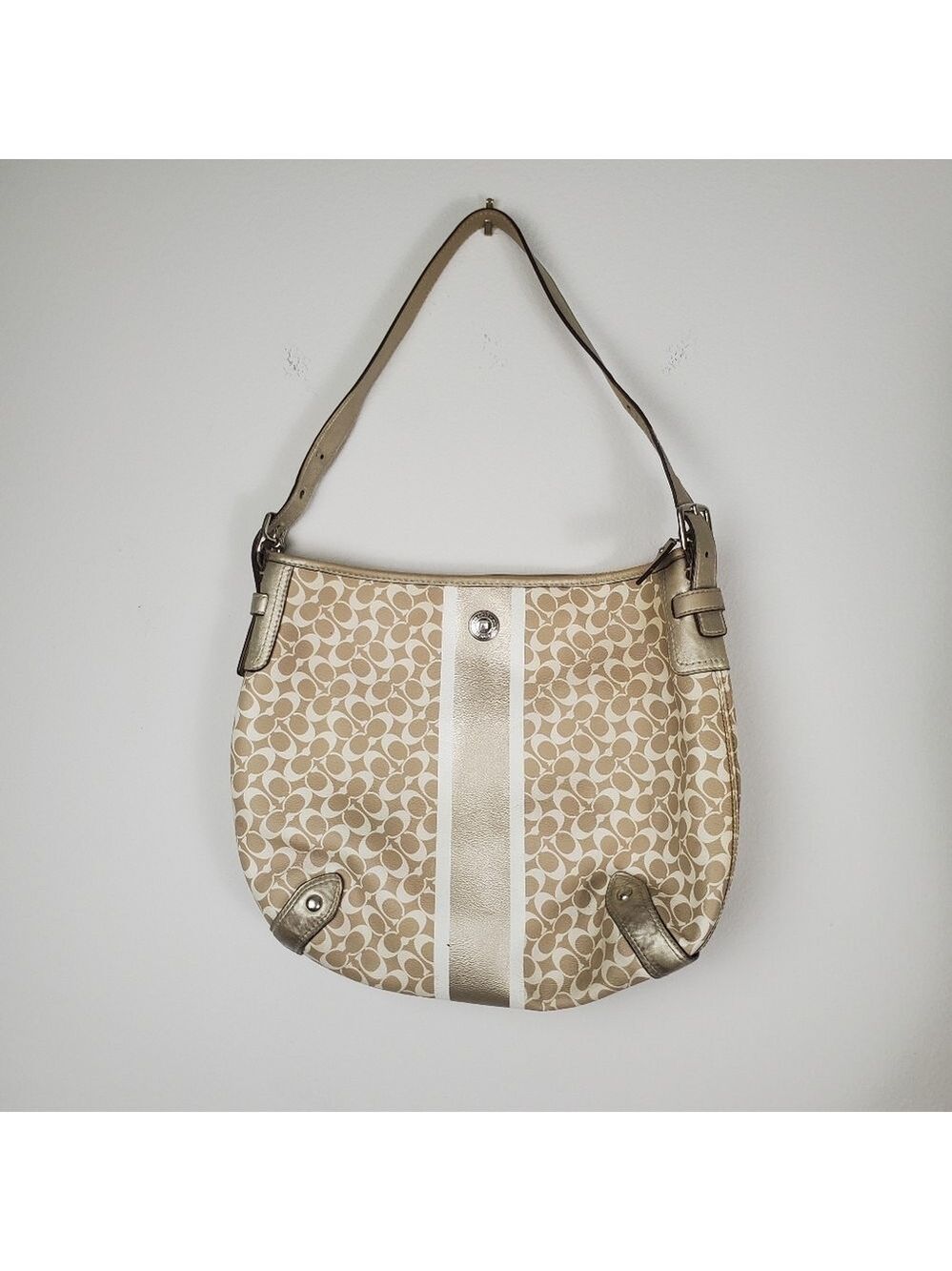 COACH Heritage Stripe Chelsea Hobo Shoulder Crossbody F16191 Light Gold/Almond *